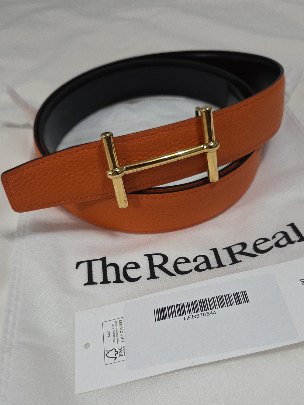 Hermes Orange Black Leather Men's Belt with Gold H Buckle 110cm